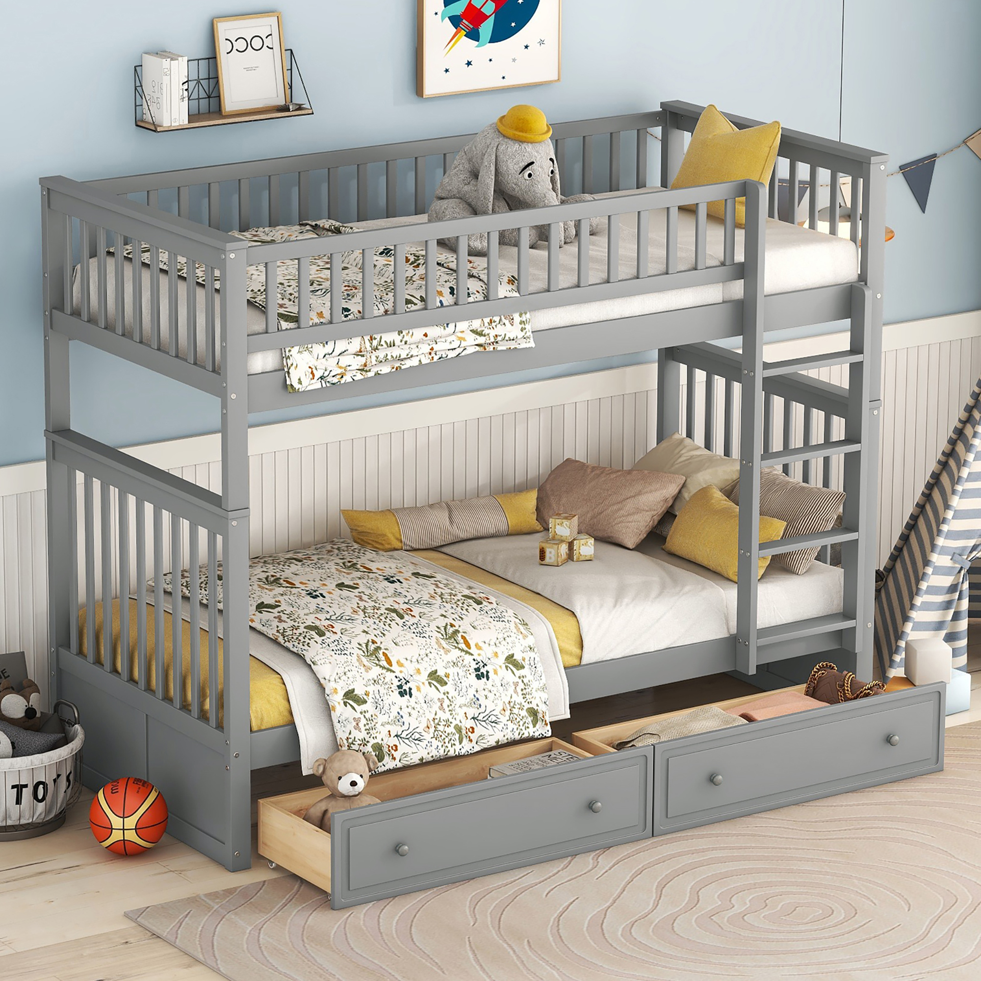 okwish Stockbett Hochbett 90x200cm Etagenbetten, Kinderbetten,Funktionelle Betten, Etagenbett mit 2 Schubladen, Grau(mit einer Matratze)