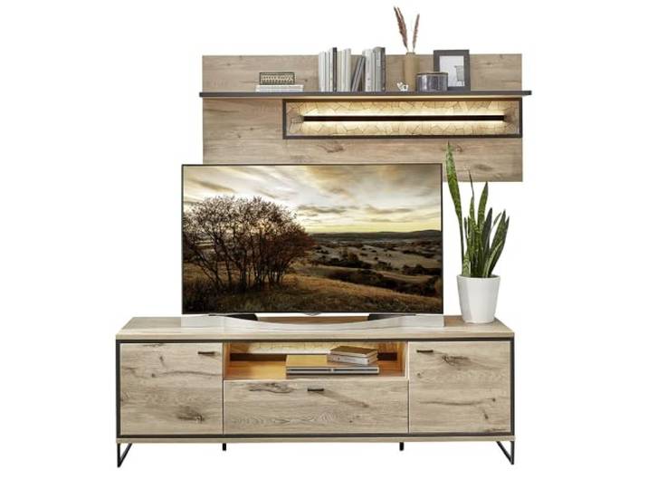 Lomadox Wohnwand TV-Wand inkl. Beleuchtung braun 2-teilig Modern, 1 Lowboard, 1 Wandboard