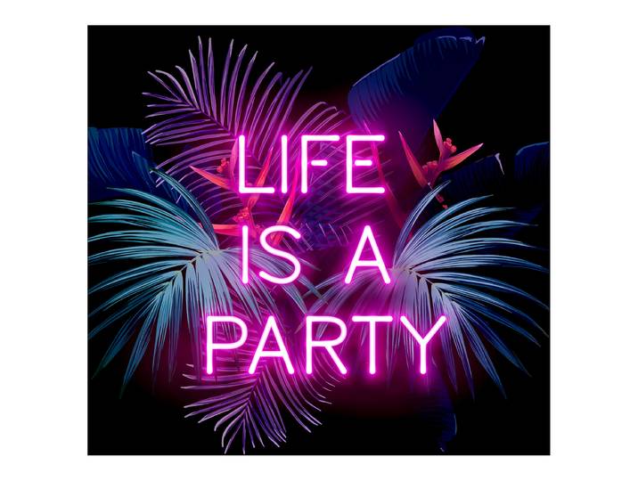 Tableau verre Neon Life Is A Party Verre flotté Bleu/Mauve/Noir 50 x 50 x 1cm