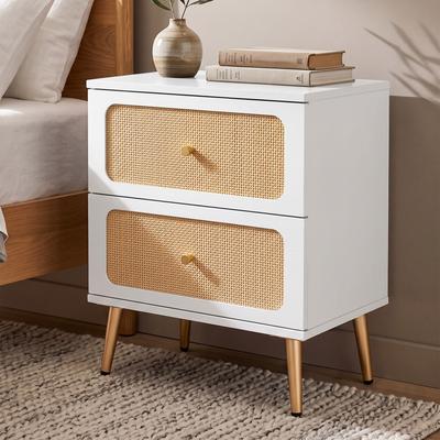 Uixe Mid-Century Modern Solid Wood Rattan Nightstand with 2 Drawers
