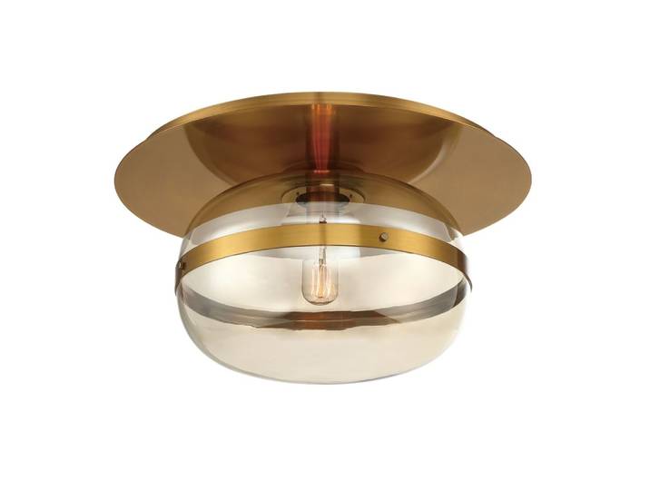 Plafonnier Acier, Verre Teinté Laiton Antique