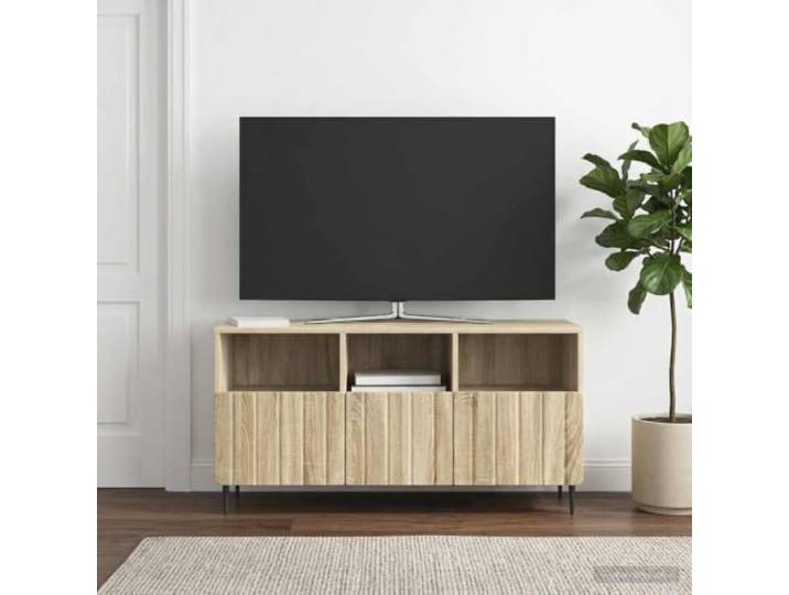 TV-Schrank Sonoma-Eiche 102x34,5x50 cm Holzwerkstoff mit Schubladen Herausziehbare Schubladen, Rollenschienen, Stahlbeine, pflegeleichte Oberfläche, Aufbau zu zweit