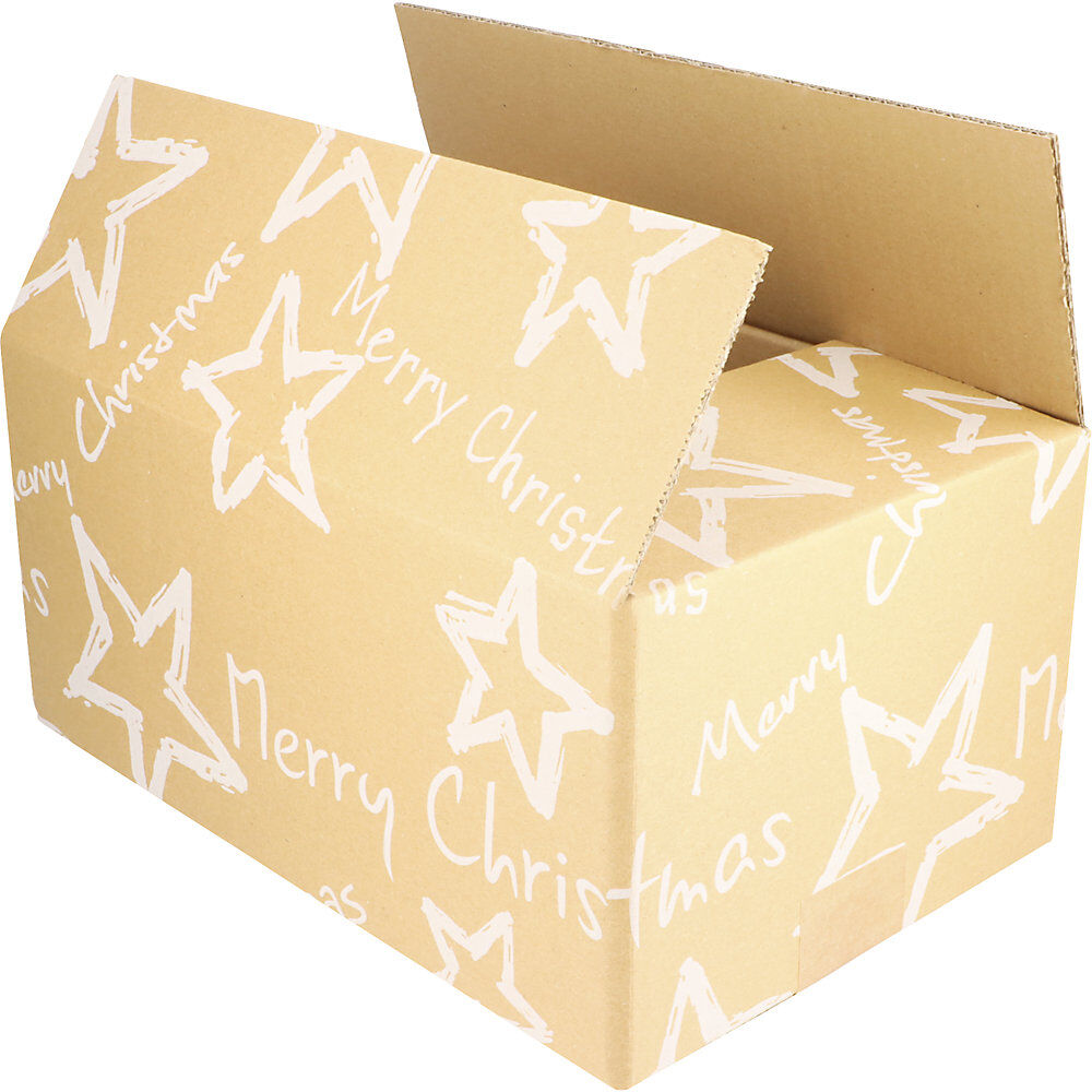 kaiserkraft Versandkarton Christmas Stars, natur, VE 15 Stk, LxBxH 310 x 200 x 140 mm, ab 2 VE