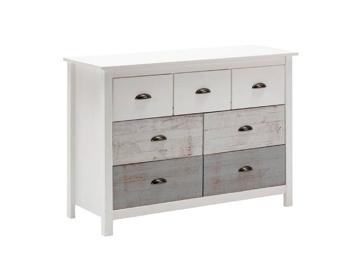 ROSALIA - Commode 7 Tiroirs Bois Aspect Vieilli Blanc et Grisé