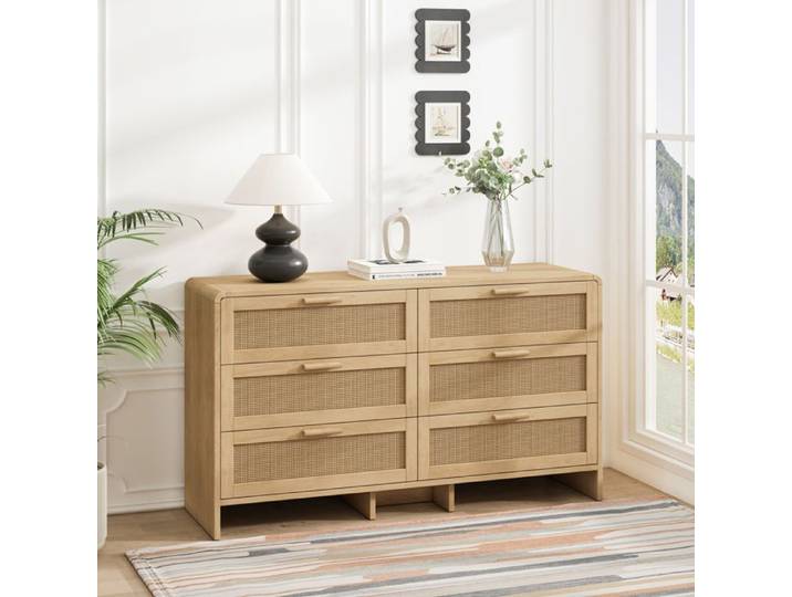 ROVRYN Commode 6 tiroirs 130 cm rotin naturel aspect bois coins arrondis meuble de rangement