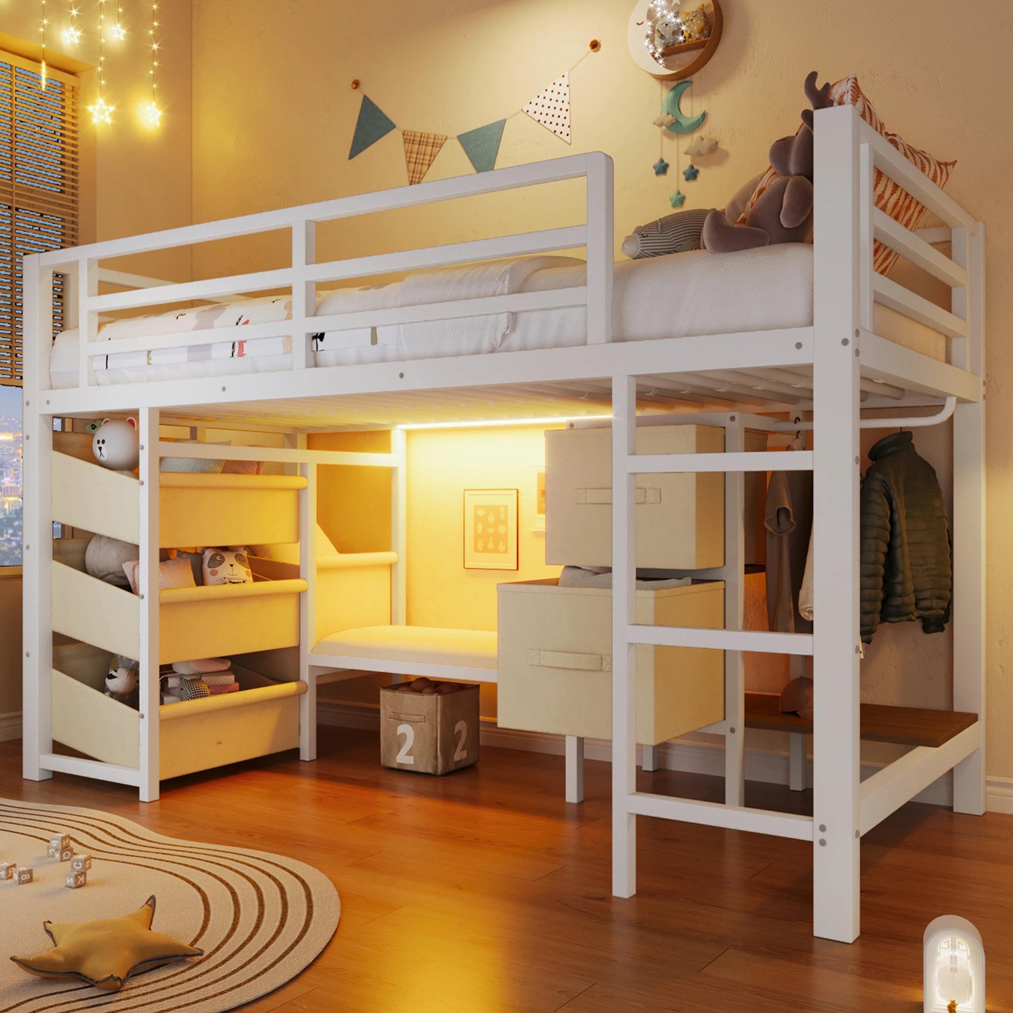 Etagenbett - 90 x 200 cm - Metallgestell - Stoff-Aufbewahrungsschublade - Stoff-Aufbewahrungstasche - Mehrfarbige LED-Beleuchtung - Kleiderhaken - Ohne Matratze - Weiß
