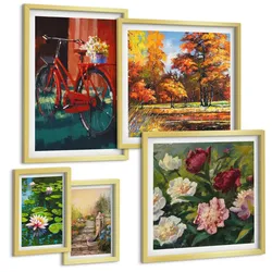 BILDER SET 5er Set - 50x50 cm & 20x30 cm & 40x60 cm Goldrahmen - Strand Holzsteg Klippen