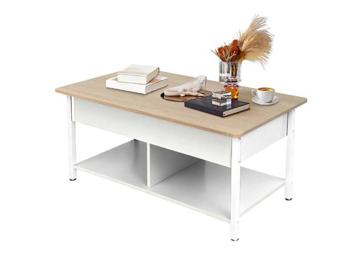 JEOBEST Table Basse à Plateau Relevable - Table de Salon avec étagère - Table d'appoint avec Espace de Rangement - 90×48×62cm