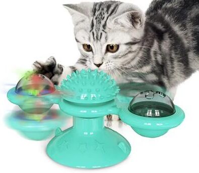 Inspire Curations Windmill Interactive Cat Toy With Suction Cup, Catnip Ball Toy & Tooth Cleaning Brush blue