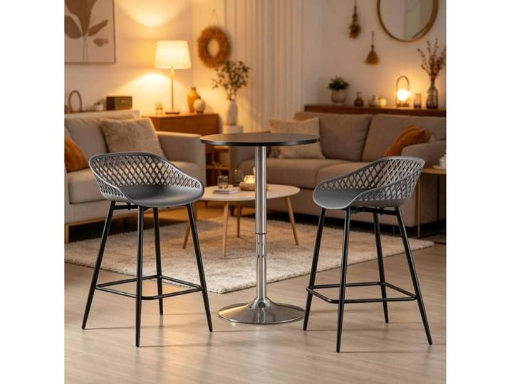 ROVRYN Lot de 2 tabourets de bar gris en polypropylène et métal avec dossier ajouré