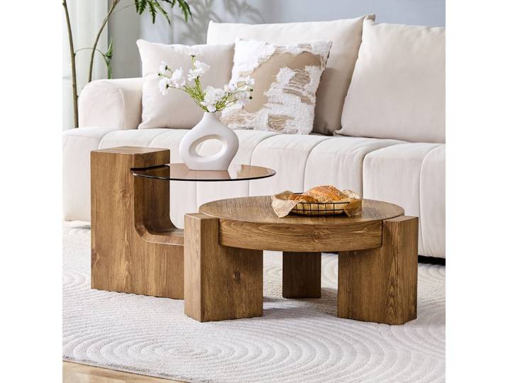BBWL Couchtisch -Set Glas MDF Rund Zerlegbar Flexibel Stauraum Beistelltisch, Moderner Couchtisch-Set , Wohnzimmer Beistelltisch