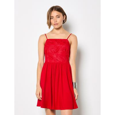 Minikleid APRICOT "Mini-Kleid mit Cami-Träger und Wimpernstickerei", Damen, Gr. XS (34), N-Gr, rot, gewebt, Obermaterial: 85% Viskose CV. 12% Leinen LI. 3% Baumwolle CO., gemustert, eckiger Ausschnitt, Kleider Minikleid, Elastischer Bund