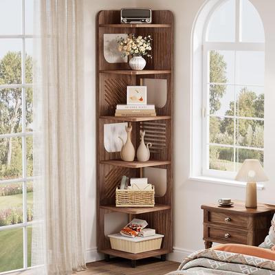 YUZHOU 72-Inch Corner Shelf, 6-Tier Rustic Freestanding Bookcase