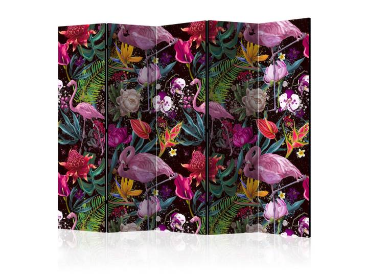 Muralo Paravent 5-tlg 225x172 cm Flamingos und Exotische Blumen, Mehrfarbig, Holz, Floral, Rechteckig, 225x172x3 cm, Wohnzimmer, Raumteiler, Paravents