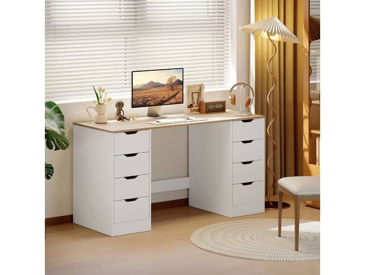 HOMCOM Bureau 140cm 8 Tiroirs Bois et Acier Blanc