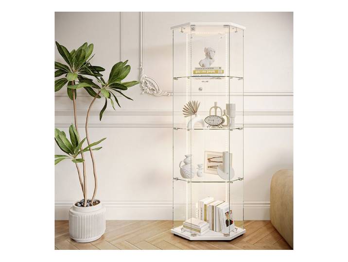 FUROKOY Glasvitrine Fünfeckige Standvitrinen (Weiß 5 Lagen Sammlervitrine) Vitrinenschrank mit 1 Glastür für Sammler, Bücher, 162x60x42.5cm