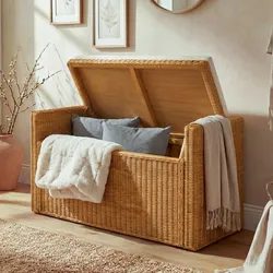 Aufbewahrungstruhe Genua, Truhe Sitzbank Garderobenbank, Kissen Kubu Rattan 88cm ~ honigfarben
