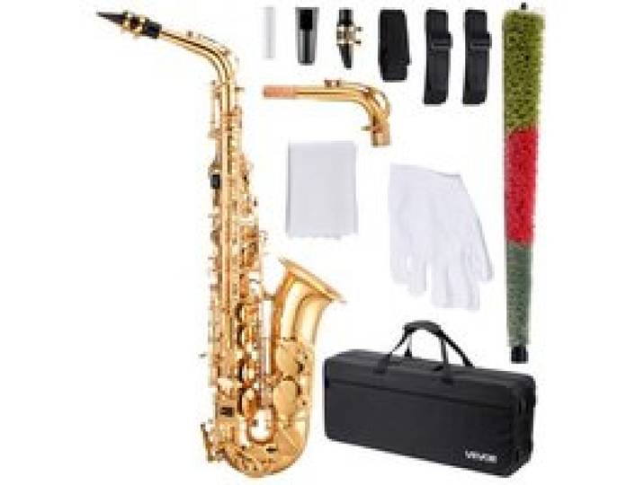 VEVOR Altsaxophon, E-Dur, Messingsaxophon-Anfängerset mit Tragetasche, Mundstück, Gurten, Reinigungstuch, Handschuhen, Fett, Umhängeband, 23 Tasten Altsaxophon-Set, für Anfänger & Schüler, Gold