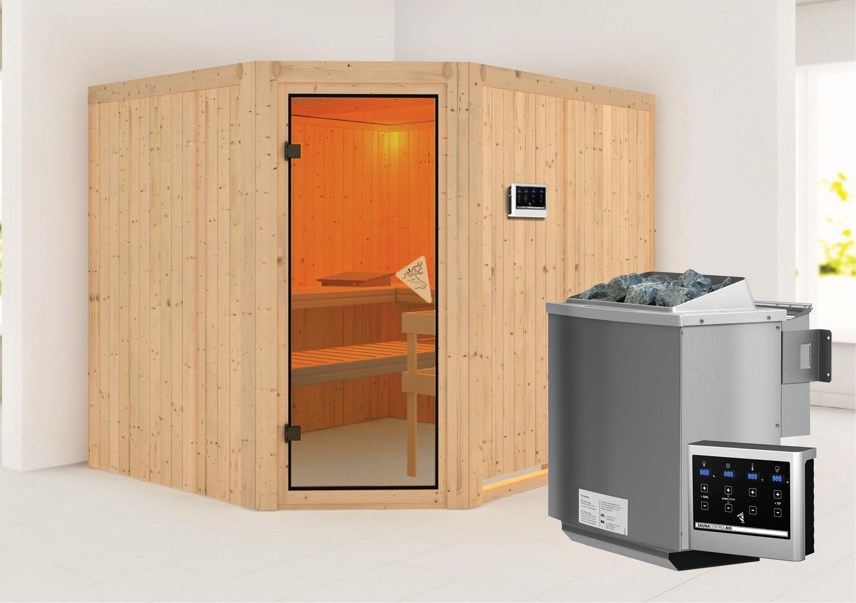KARIBUHOLZT Sauna Malin Eck, 9kW Bio ext. Strg bronz.GGT 08288417