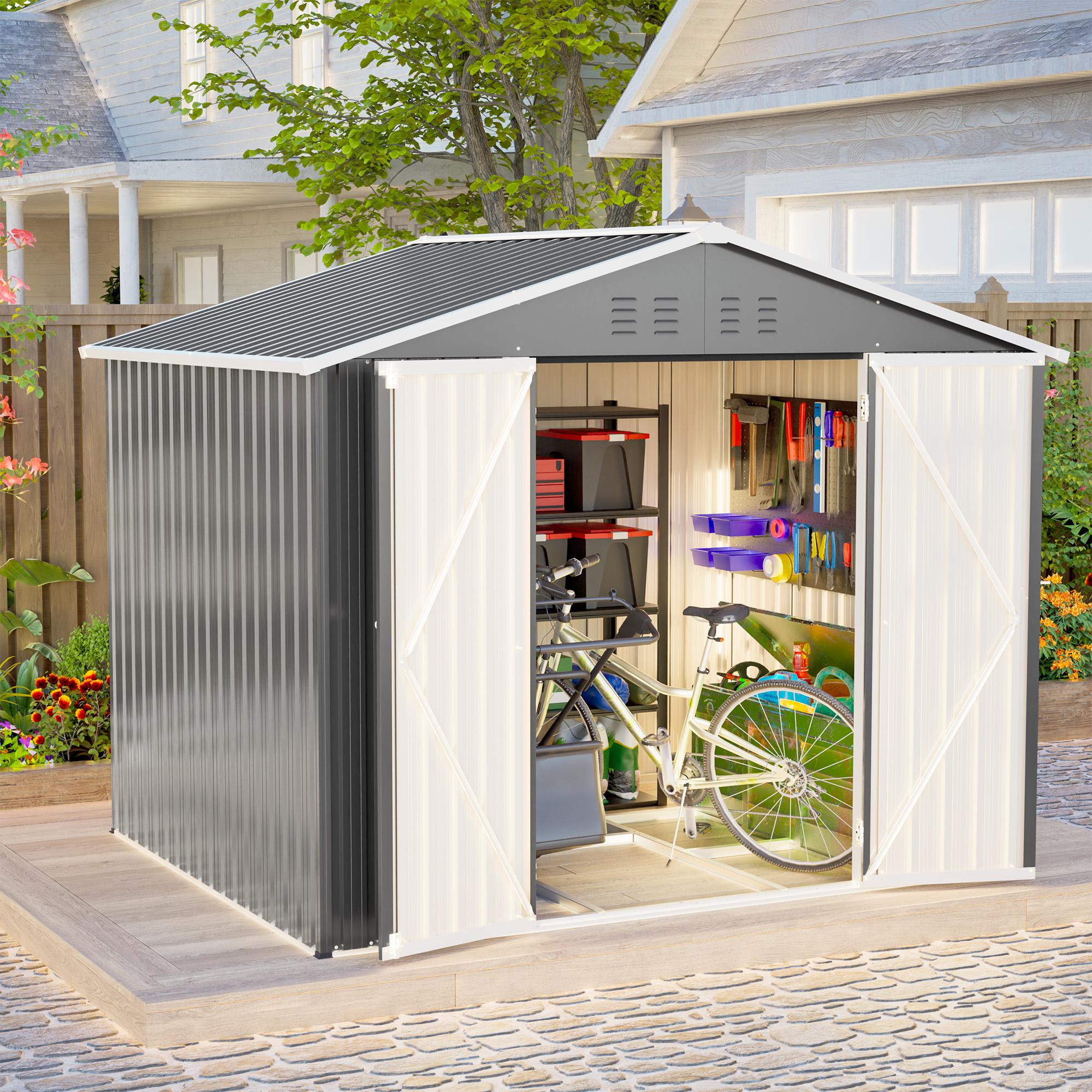 Metall-Gerätehaus 8x6 FT, Klapptür, stabil, Gartenschuppen für Werkzeuge & Gartengeräte. Gray