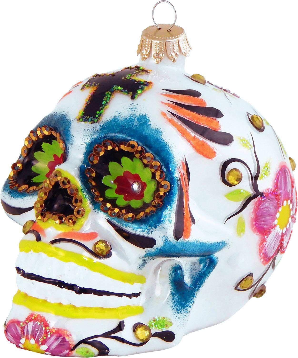 Christbaumschmuck KREBS GLAS LAUSCHA "Totenkopf, Weihnachtsdeko, Christbaumschmuck", bunt, B:5,5cm H:6,5cm T:5cm, Glas, Weihnachtsbaumschmuck, Christbaumschmuck, mundgeblasen, mit mexikanischer Dekoration bunt Einheitsgröße