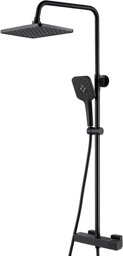 Auralum Douche-armatuur Set - Zwarte Regendouche met Thermostaatkraan en Kinderlock - 30 cm Hoofddouche