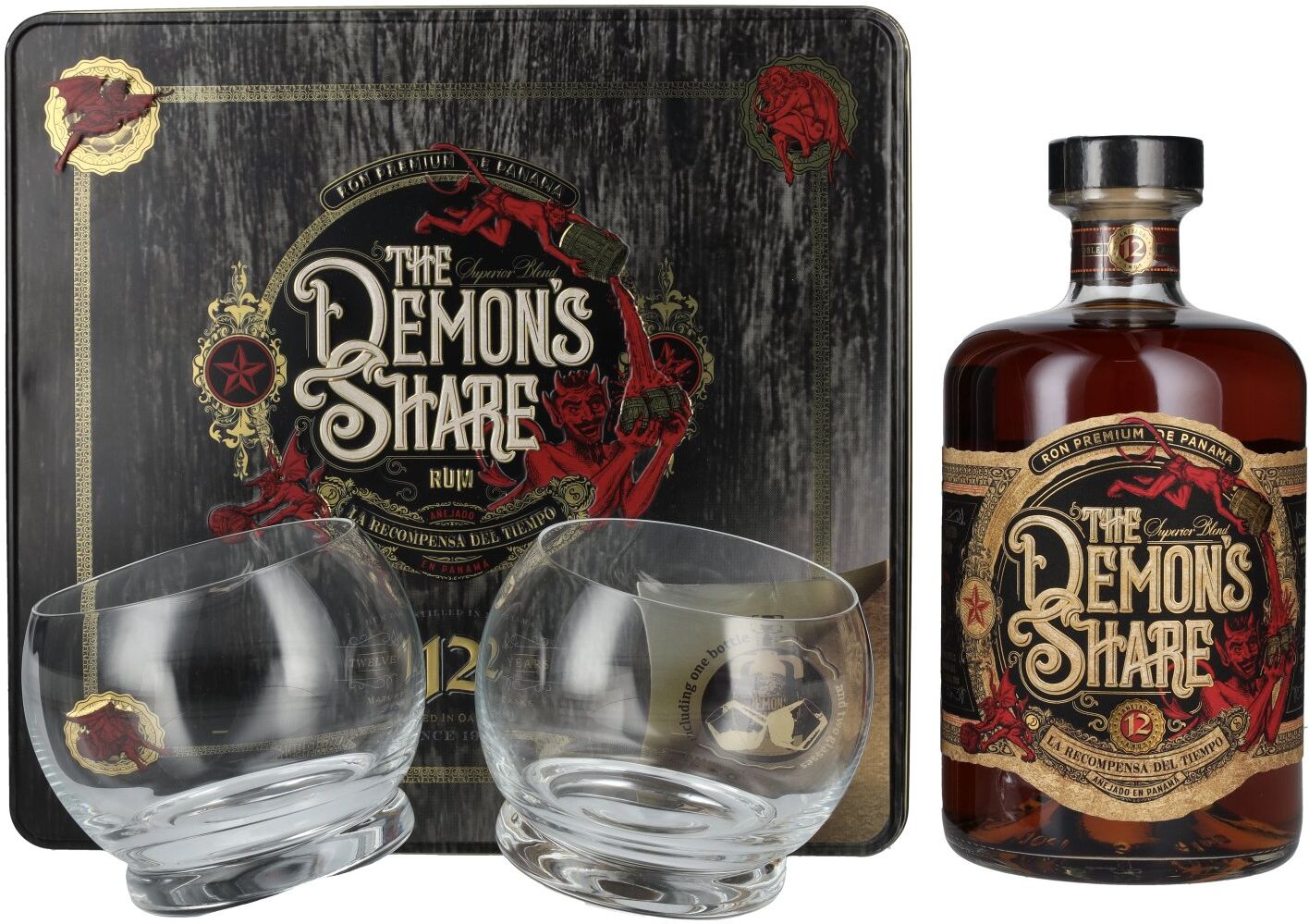 The Demon's Share Rum The Demon's Share Superior Blend Rum 12 Years Old 41% Vol. 0,7l in Tinbox mit 2 Gläser