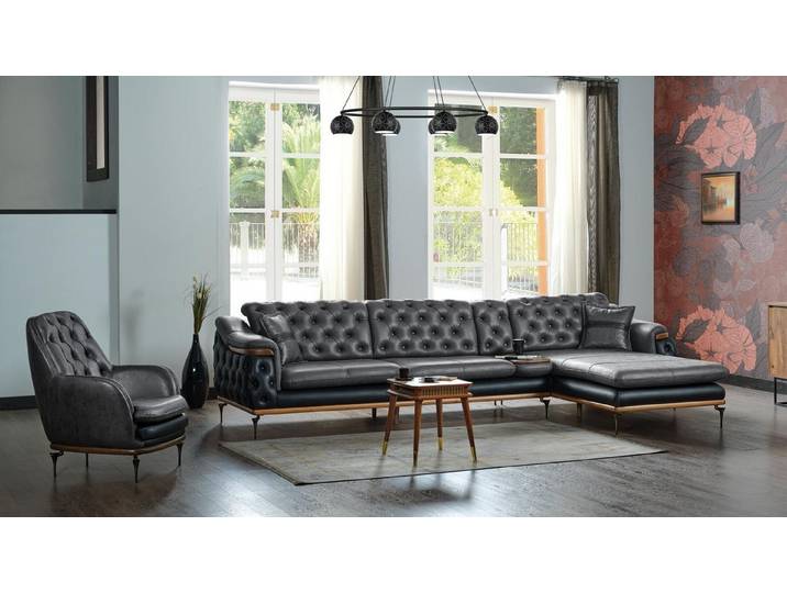 Xlmoebel Ecksofa Schwarz Wohnzimmer Set L-Form Sessel Modern Chesterfield Komplett, Wohnzimmer Set 2 Teile, Made in Europa