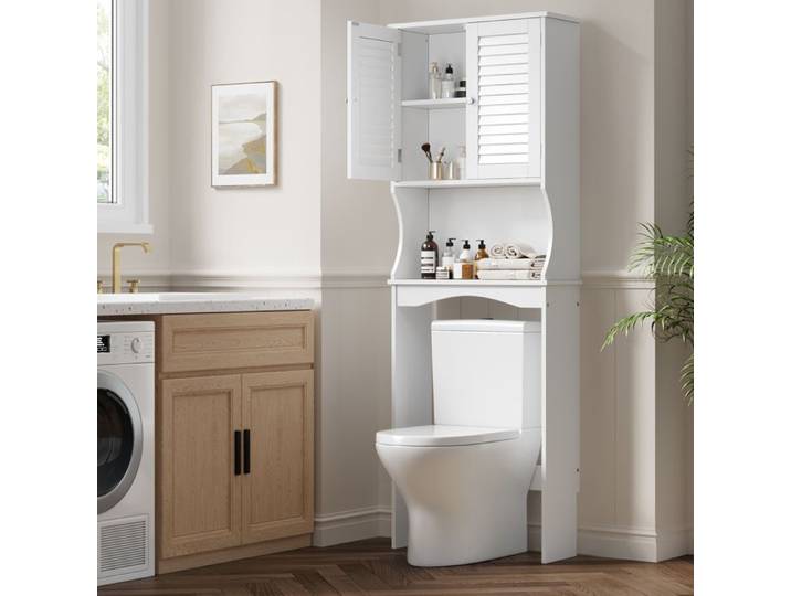 Meuble WC au-dessus des toilettes pont WC avec 2 portes à persiennes et niche ouverte rangement blanc 60 × 22 × 170 cm