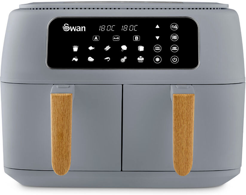 Swan SD10410GRY Nordic Duo 13-in-1 Air Fryer with Dual Non-Stick Baskets, Swan Cyclone Technology, 13 Pre-Set Functions, Match Cook, 8L, 1700W, Grey Grey 8L