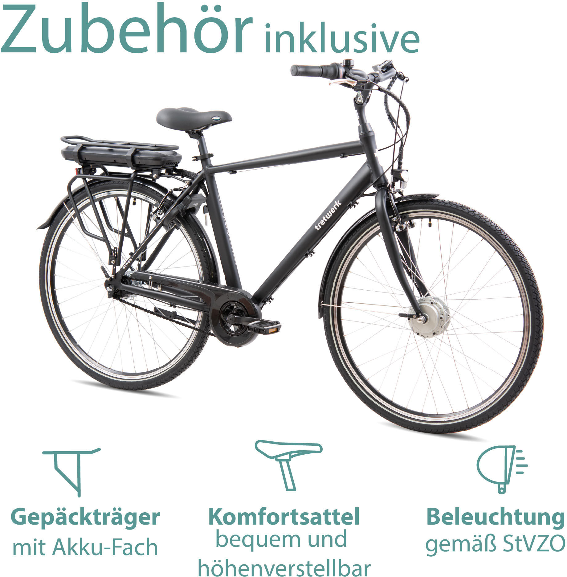 E-Bike TRETWERK "Mystic" Gr. 53, schwarz (schwarz matt), Elektrofahrräder, 53cm, 28 Zoll (71,12cm), E-Bike, Pedelec, Elektrofahrrad für Damen u. Herren