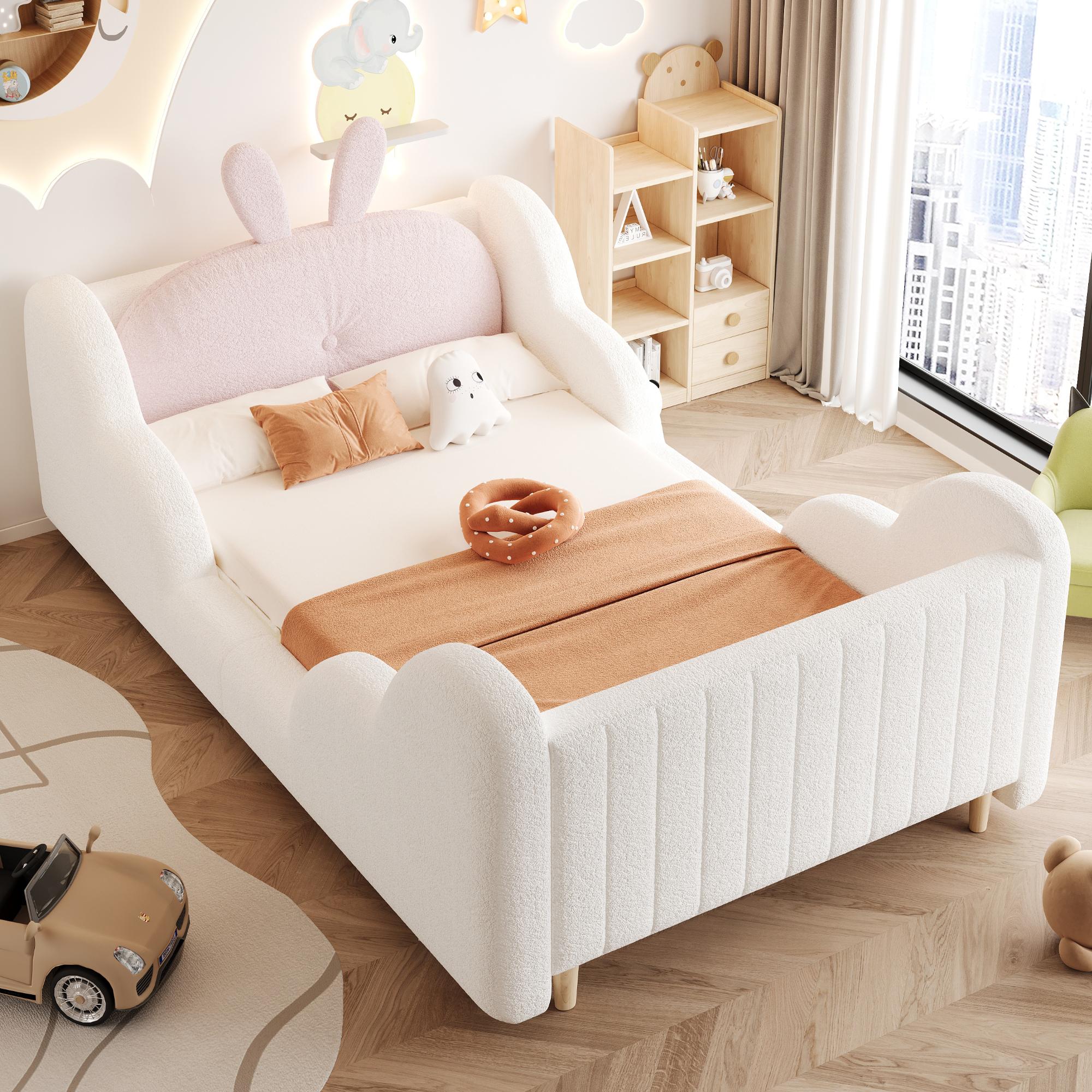 okwish Kinderbett 90×200 mit Matratze und Kissen in Hasenform, Polsterbett mit Sicherheitsgeländer, Einzelbett in Weiß
