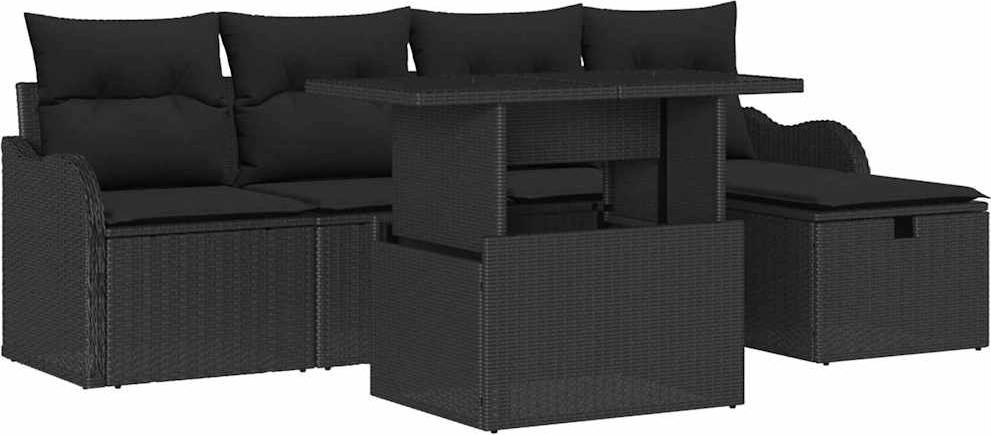 Modulares Garten-Sofa-Set, 6-teilig, für Outdoor, Poly Rattan Schwarz, mit Kissen, höhenverstellbarer Tisch, integrierter Stauraum, 5 Sitzplätze