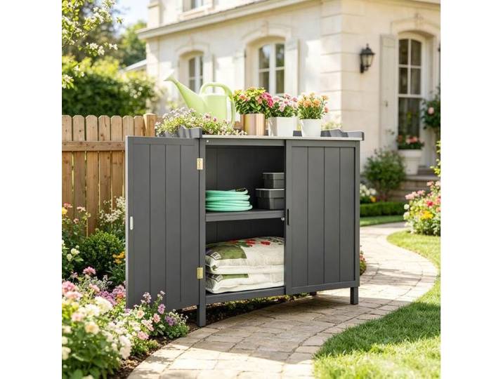 Armoire De Jardin 2-En-1 En Bois Et Métal Gris Armoire De Rangement Extérieure Pour Jardin Montage Simple 98x48x95 5cm