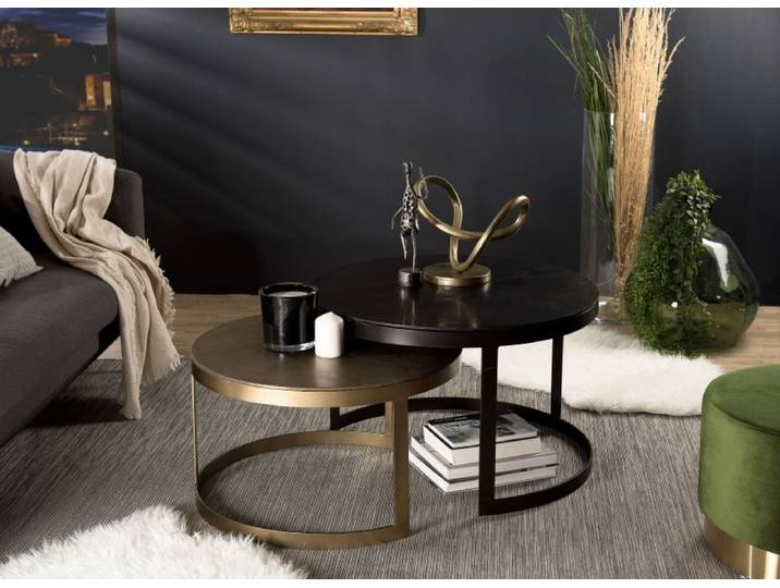 Macabane - Johan - Set De 2 Tables Gigognes Ceinturées Rondes Aluminium Noir Doré - Pieds Métal Demi-cercle