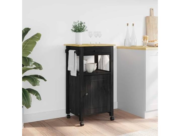 smnyxs Küchenwagen Monza schwarz 48 x 40 x 88,5 cm 360° drehbare Räder, zwei feststellbar, Schublade, Regal, Kiefer massiv, Trockenreinigung