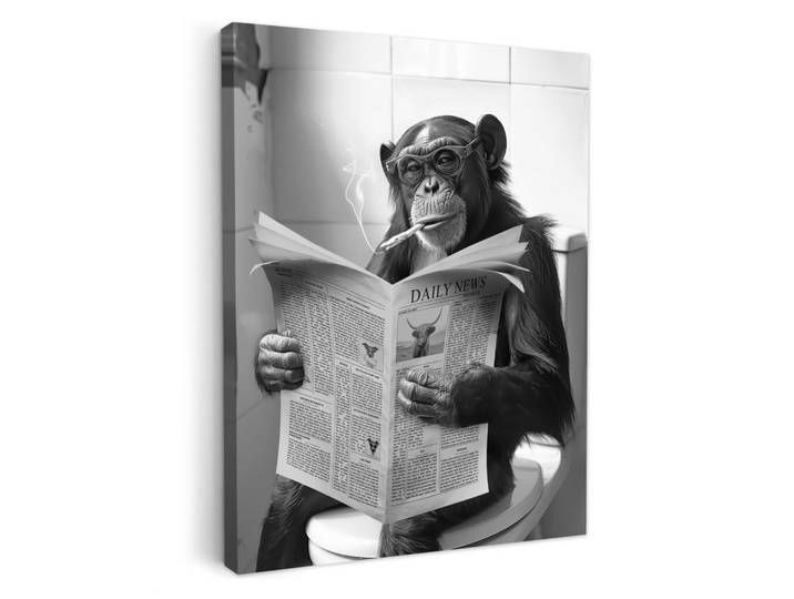 MuchoWow Leinwandbild - Affe - WC - Zeitung - Schwarz-Weiß - Humor - 60x80 - Gemälde, Hellgrau, Textil, Kiefer, Abstrakt, Rechteckig, 60x80 cm, gerahmt, Bilder & Rahmen, Bilder, Wandbilder