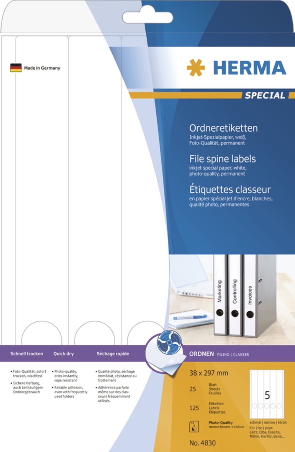 Herma 4830 Inkjet-Ordneretiketten 3.8x29.7 cm (25 Blatt (125 Etiketten))