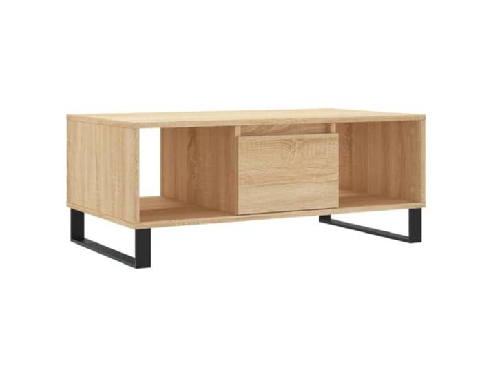 Favemtsl Couchtisch Sonoma-Eiche 90x50x36,5 cm Sofatisch mit Schublade Stilvoller Beistelltisch aus Holzwerkstoff mit schicken Metallbeinen und 2 offenen Fächern für das Wohnzimmer.