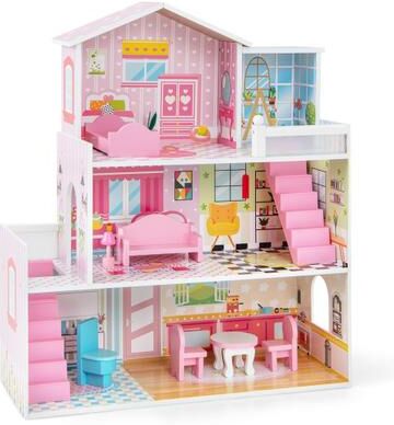 Costway Kids Wooden Dollhouse Playset with 5 Simulated Rooms and 10 Pieces of Furniture-Pink