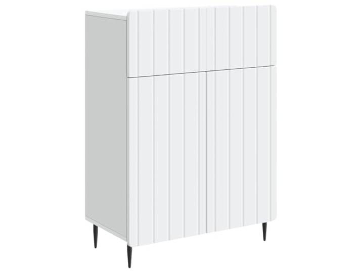 TEKGHUT Sideboard Weiß 66 x 34,5 x 92 cm Holzwerkstoff Rechteckige Form, Streifendetail, 90°-Pendeltür, Geräteschublade, konische schwarze Eisenbeine, Holzwerkstoff