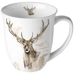 Ambiente Tasse 10cm Porzellan mit Hirsch Motiv - 0,4L Keramiktasse Porzellangeschirr Kaffeetasse Teetasse Kakaotasse Porzellantasse