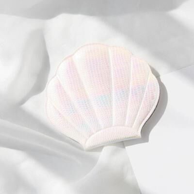 Uplift Essentials Iridescent Shell Shaped Compact Mirror Dual Sided 2X Magnifying Travel Tool b white