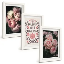 BILDER SET 3er Set - 20x30 cm Weißer Rahmen - Vintage-Rosenträume-Inschrift