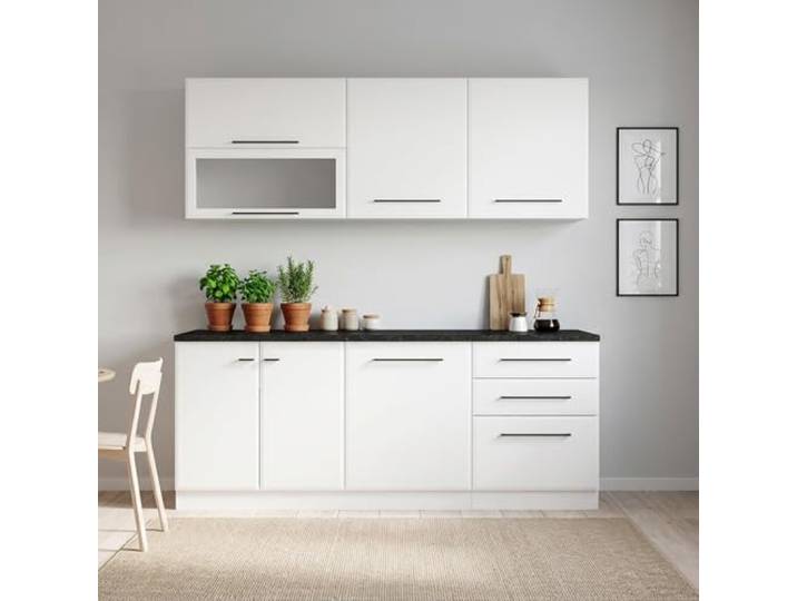 Homestyle4u Küchenzeile 200 cm Weiß/Schwarz ohne Geräte Küchenblock mit Arbeitsplatte, Hängeschränken & Geschirrspülernische – ideal für kleine Wohnungen