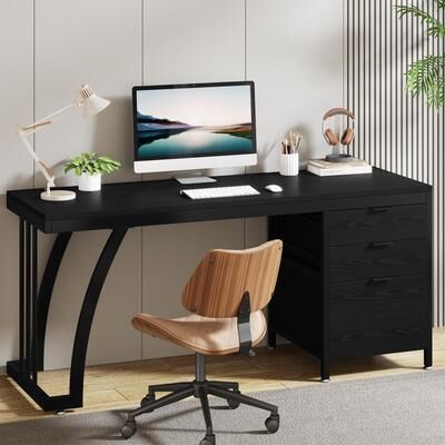 1Easylife 59 inch Reversible Computer Desk with 3 Drawer Cabinet, Industrial Study Writing Table Workstation for Home Office Bedroom
