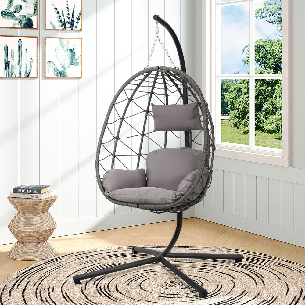 World Menagerie Outdoor Hanging Chair with Stand and Cushion Grey 195cm H X 100cm W X 195cm L