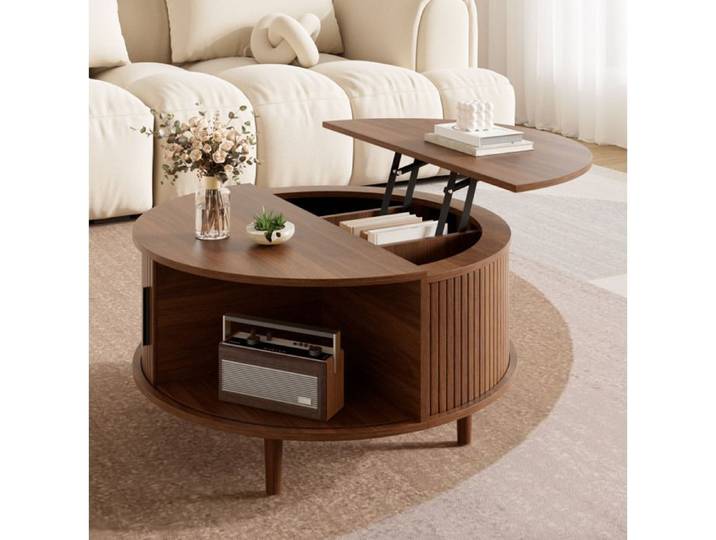 MEUVYX Table basse ronde avec plateau relevable rangement compartimenté et porte coulissante en MDF finition noyer