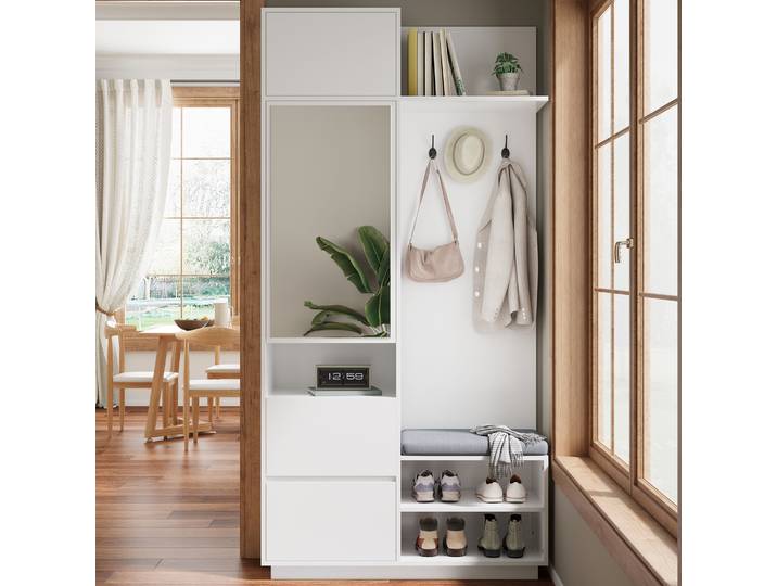 Armoire compacte avec miroir et banc, armoire de couloir avec armoire à chaussures et crochets, patères, armoire compacte