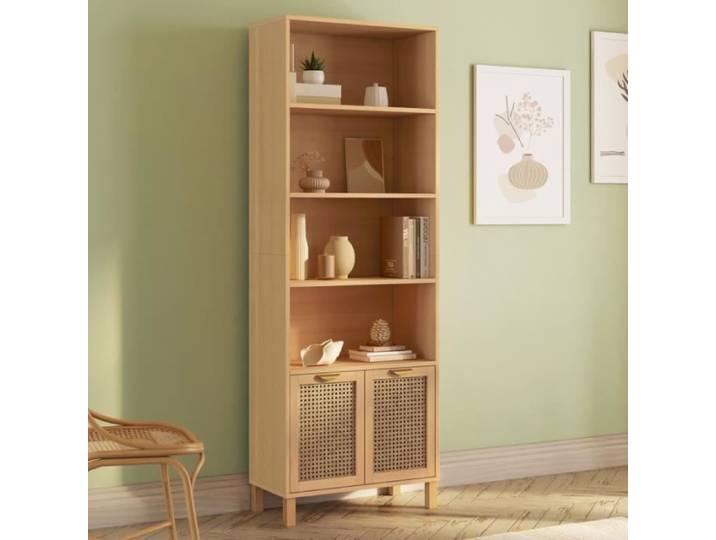 IDMARKET Etagère bibliothèque 4 niveaux avec placard EDHEN cannage et bois